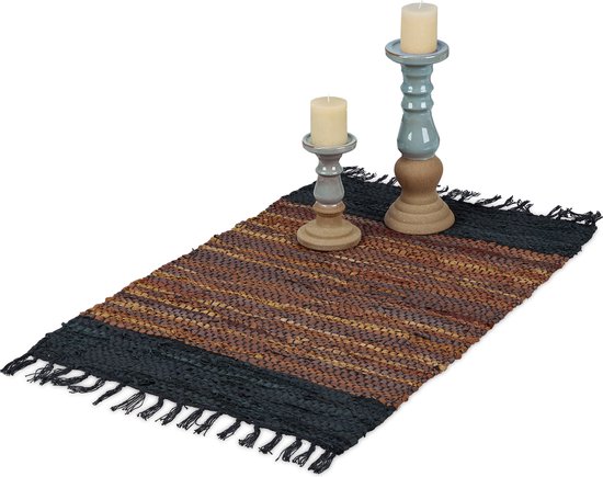Relaxdays vloerkleed - leder en katoen - 60 x 110 cm - tapijt - franjes - diverse kleuren - bruin