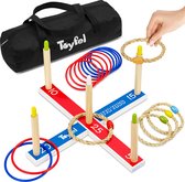 Toyfel Mitty Toss - Jeu de lancer d' Ring en bois FSC® avec 15 Bagues (10x cerceaux en plastique et 5x cerceaux de corde) - Jeu de Jardin extérieur et intérieur pour Enfants et Adultes