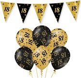 Leeftijd verjaardag feestartikelen pakket vlaggetjes/ballonnen 18 jaar zwart/goud - 12x ballonnen/2x vlaggenlijnen