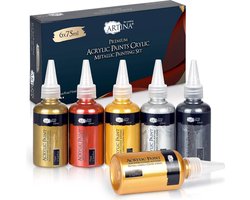 Artina Crylic - Acrylverf Set Metallic 6x75ml - Acrylverf Goud, Zilver, Brons, Koper - Lichtgevende Acrylverf voor Canvas, Klei, Papier, Beton