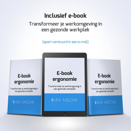 Tablet en twee e-books met de titel 'E-book ergonomie' en het logo IMIX MEDIA.