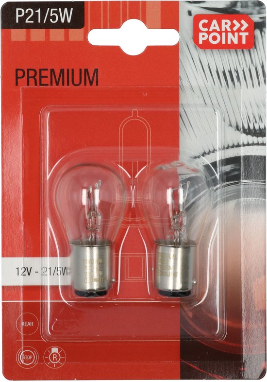 Set van twee heldere P21/5W autolampen in blisterverpakking met 'PREMIUM' opdruk.