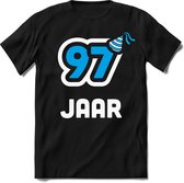 97 Jaar Feest kado T-Shirt Heren / Dames - Perfect Verjaardag Cadeau Shirt - Wit / Blauw - Maat L