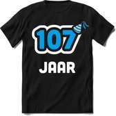 107 Jaar Feest kado T-Shirt Heren / Dames - Perfect Verjaardag Cadeau Shirt - Wit / Blauw - Maat XL