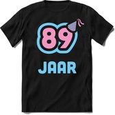 89 Jaar Feest kado T-Shirt Heren / Dames - Perfect Verjaardag Cadeau Shirt - Licht Blauw / Licht Roze - Maat XL
