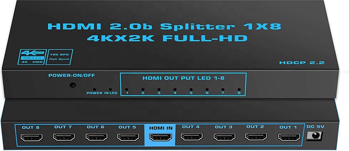 NÖRDIC SGM-191 HDMI switch 1 naar 8 - 7.1 audio extractor - HDCP2.2 - 4K60Hz - 18Gbps - Zwart
