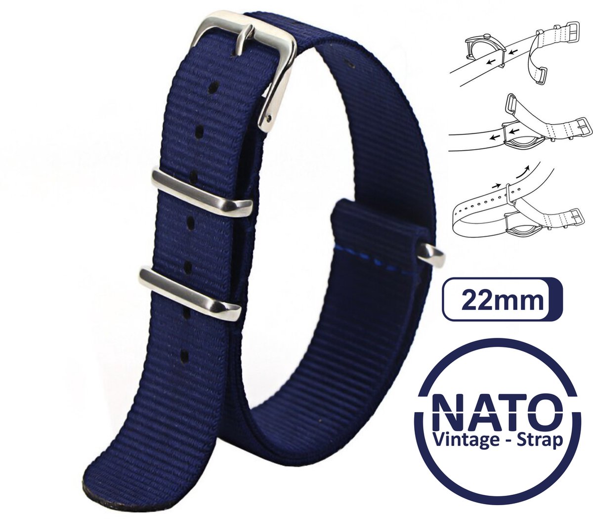 22mm Nato Strap Blauw - Vintage James Bond - Nato Strap collectie - Mannen - Horlogebanden - Blue - 22 mm bandbreedte voor oa. Seiko Rolex Omega Casio en Citizen