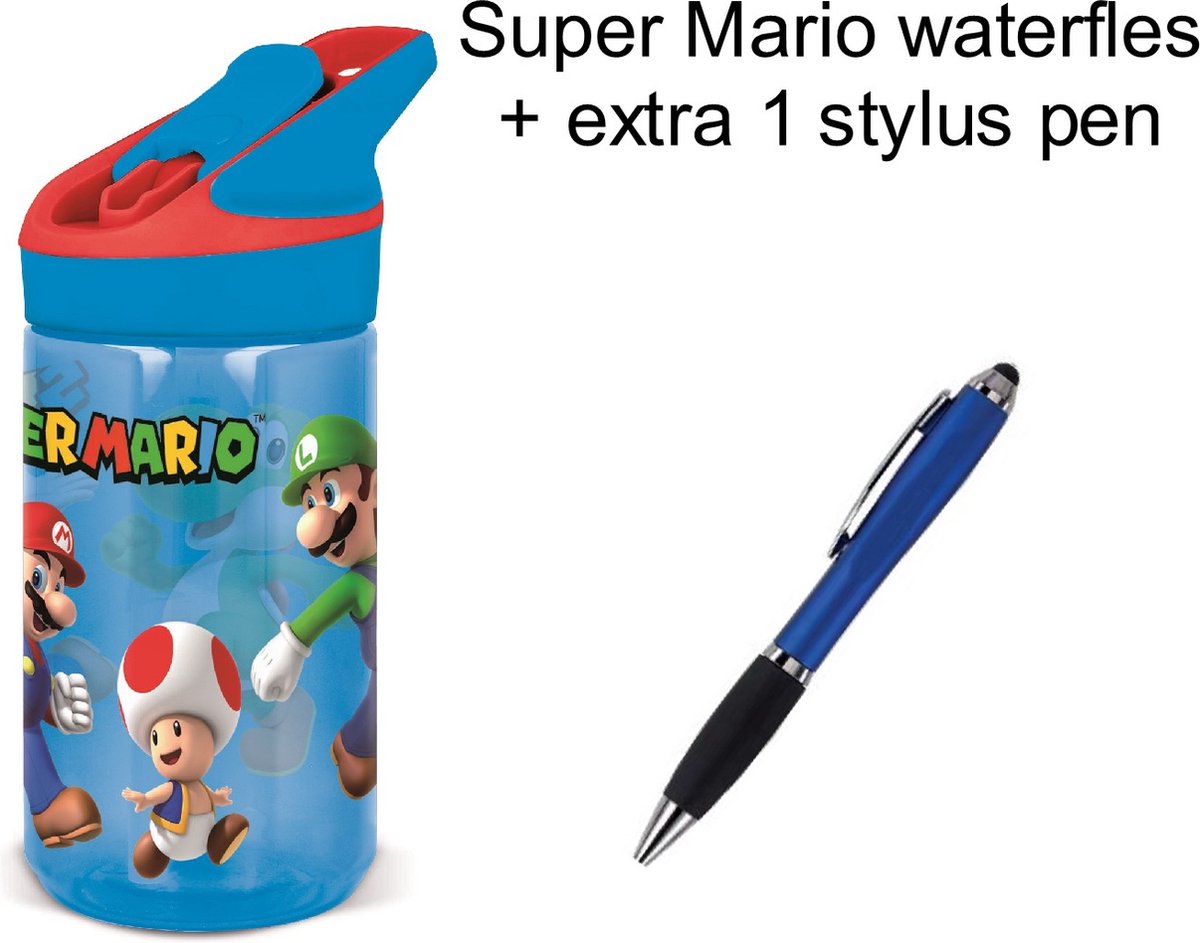 Super Mario Bross Drinkfles - Drinkbeker - Tritan Waterfles met geautomatiseerde openingssysteem. 480 ml. + EXTRA 1 Stylus Pen Blauw.