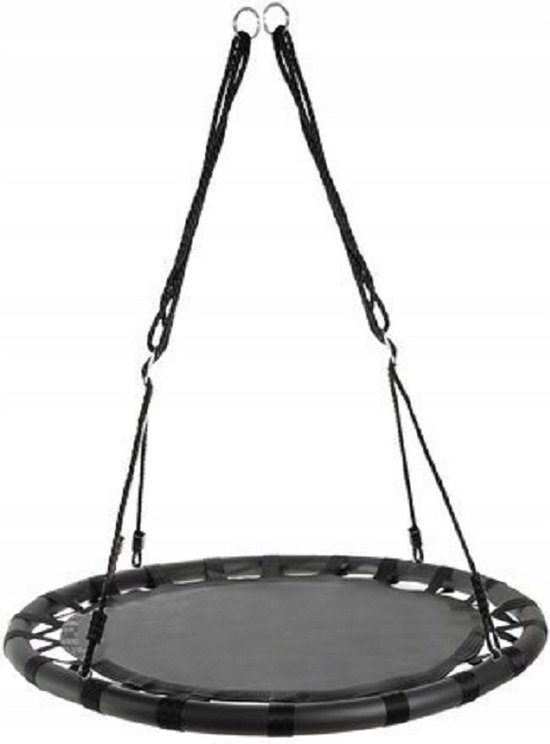 Zwarte ronde schommel met zilverkleurige ringen aan zwart touw.