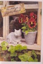 Hartelijk gefeliciteerd! Een schattig en lieve kat naast een pot met mooie bloemen op de vensterbank. Een leuke kaart om zo te geven of om bij een cadeau te voegen. Een dubbele wenskaart inclusief envelop en in folie verpakt.