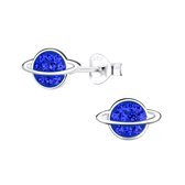 Joy|S - Zilveren planeet oorbellen - saturnus - 10 x 6 mm - kristal blauw