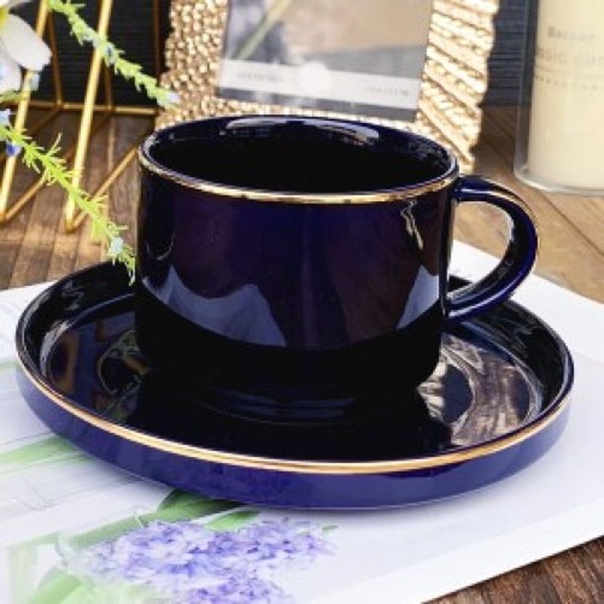 Selinex koffie- of theeset blauw met gouden rand