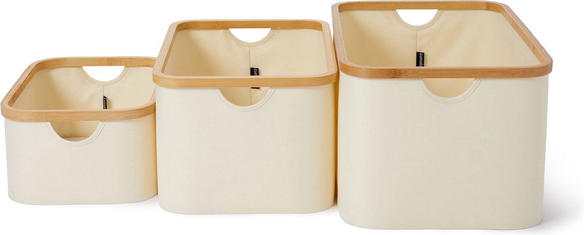 Lumaland rechthoekige opbergdoos met bamboe-frame in set van 3 dozen van 54 x 33 x H 26 cm en 45 x 30 x H 23 cm en 38 x 26 x H 16 cm beige