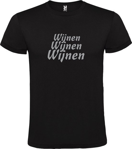 Zwart  T shirt met  print van "Wijnen Wijnen Wijnen " print Zilver size M