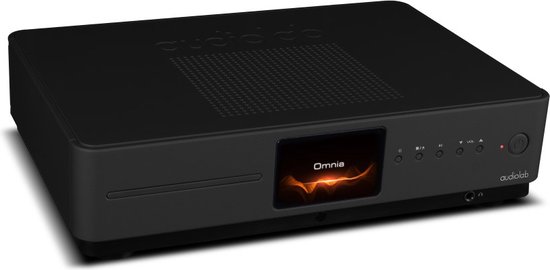 Zwarte audiolab omnia met display met oranje gloed, gezien vanaf de zijkant.