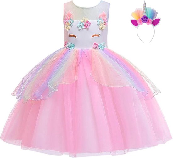 Joya Beauty® Eenhoorn jurk | Unicorn Verkleedjurk | Regenboog Prinsessenjurk | Maat 134-140 (140) + Unicorn Haarband | Cadeau meisje