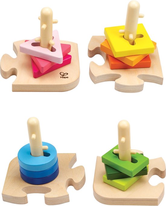 Houten legpuzzelstukken. Boven: roze driehoeken en gele/oranje vierkanten. Beneden: blauwe cirkels en groene vierkanten.