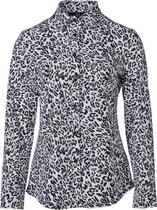 Dames blouse lange mouwen travelstof met klassieke kraag - panterprint zwart/wit/pastelblauw | Maat 2XL