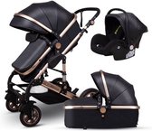 Manzibo Luxe 3-in-1 Kinderwagen - Wandelwagen - Baby - Babywagen - Incl. Autostoeltje - Buggy - Zwart/Goud - PU/Aluminium