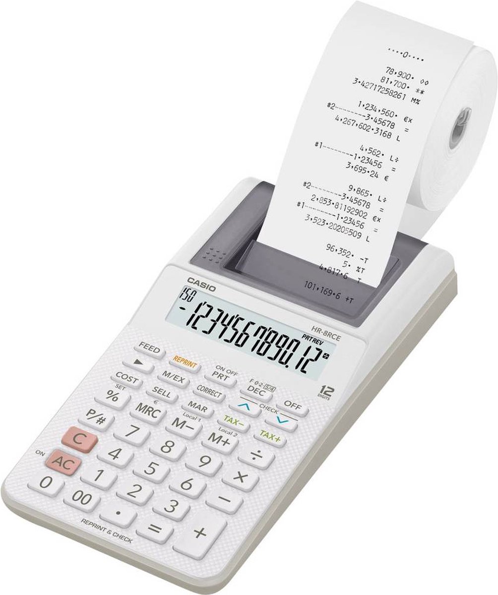 Casio HR-8RCE-WE Bureaurekenmachine met printer werkt op batterijen, werkt op het lichtnet (optioneel) Wit Aantal displ