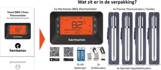 Hermanos® Digitale BBQ Thermometer Draadloos - Keukenthermometer - Bluetooth met app - 4 Sondes - Magneet - Incl. Batterijen
