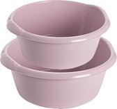 Voordeel set multifunctionele kunststof ronde afwas huishoud teiltjes oud roze in 2-formaten - 15 en 25 liter inhoud