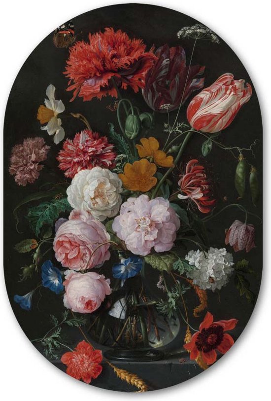 Wandovaal Stilleven met bloemen in een glazen vaas - WallCatcher | Geborsteld Aluminium 100x150 cm | Ovalen schilderij | Muurovaal Meesterwerk Jan Davidsz. de Heem