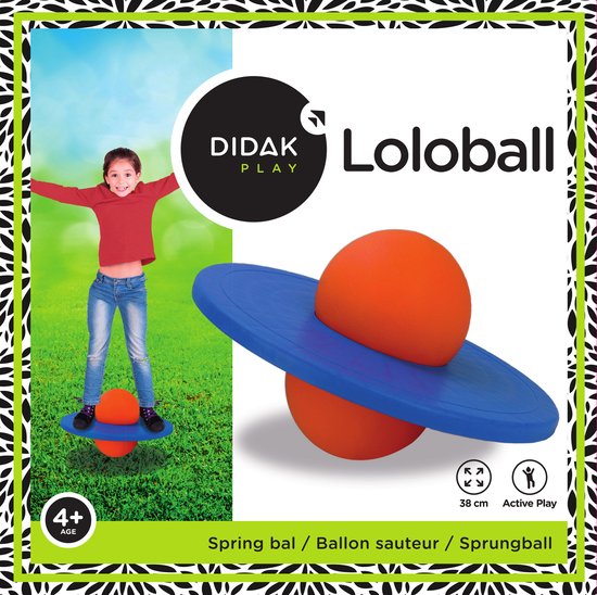 Doos: meisje op springbal, productafbeelding springbal, 4+ leeftijd, 38cm.