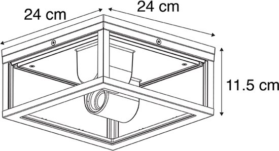 Schematische weergave van de zwarte vierkante buitenlamp met afmetingen.