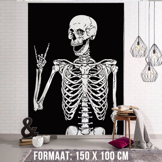Vrolijk Skelet Urban Loft Wandkleed Groot Wandtapijt Wanddecoratie Minimalisme Muurkleed Tapestry - Zwart Wit - 150 x 100 cm