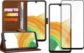 Hoesje geschikt voor Samsung Galaxy A33 - Book Case Leer Wallet Cover Portemonnee Pasjeshouder Hoes Bruin - Full Tempered Glass Screenprotector