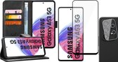 Hoesje geschikt voor Samsung Galaxy A53 - Book Case Leer Wallet Cover Portemonnee Pasjeshouder Hoes Zwart - Full Tempered Glass Screenprotector - Camera Lens Protector