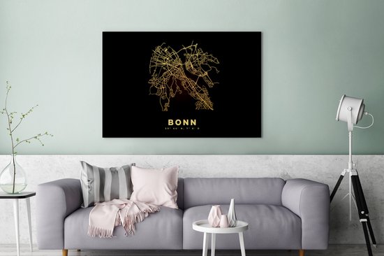 Canvas schilderij 140x90 cm - Wanddecoratie Kaart - Bonn - Goud - Stadskaart - Plattegrond - Muurdecoratie woonkamer - Slaapkamer decoratie - Kamer accessoires - Schilderijen