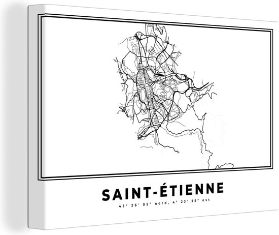 Canvas Schilderij Kaart – Saint Étienne – Plattegrond - Zwart Wit – Stadskaart - 120x80 cm - Wanddecoratie