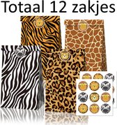 FISKA 12x Uitdeelzakjes Safari - Uitdeelzakjes - Feestzakjes - Trakteerzakjes - Cadeauzakjes - Themafeest - Kinderfeestje - Kinderverjaardag - Uitdeelcadeaus - Uitdeelzakjes Dieren - Jungle