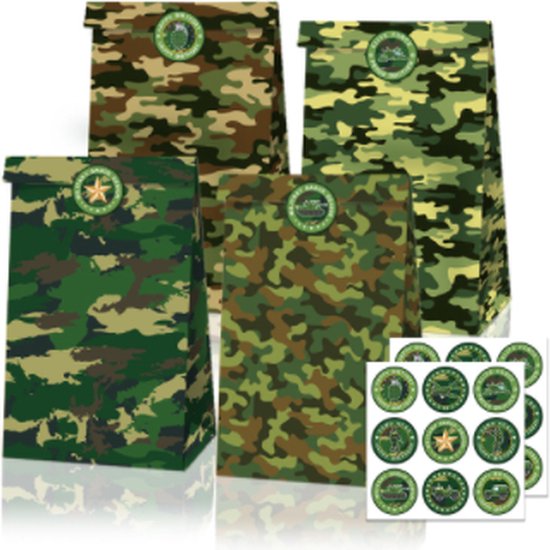 FISKA 12x Uitdeelzakjes Leger - Uitdeelzakjes - Feestzakjes - Trakteerzakjes - Cadeauzakjes - Themafeest - Kinderfeestje - Kinderverjaardag - Uitdeelcadeaus - Uitdeelzakjes Camouflage