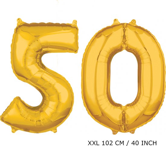 Mega grote XXL gouden folie ballon cijfer 50 jaar.  leeftijd verjaardag 50 jaar. 102 cm 40 inch. Met rietje om ballonnen mee op te blazen. Abraham Sara jubileum