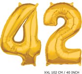 Mega grote XXL gouden folie ballon cijfer 42 jaar.  leeftijd verjaardag 42 jaar. 102 cm 40 inch. Met rietje om ballonnen mee op te blazen.