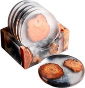 Onderzetters voor Glazen met Houder – Set van 6 – Natuur Design - Premium Kwaliteit – Kurken Onderkant  – Zeer Absorberend – Rond