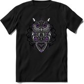 Uil - Dieren Mandala T-Shirt | Paars | Grappig Verjaardag Zentangle Dierenkop Cadeau Shirt | Dames - Heren - Unisex | Wildlife Tshirt Kleding Kado | - Zwart - L