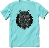 Uil - Dieren Mandala T-Shirt | Aqua | Grappig Verjaardag Zentangle Dierenkop Cadeau Shirt | Dames - Heren - Unisex | Wildlife Tshirt Kleding Kado | - Licht Blauw - XXL