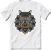 Uil - Dieren Mandala T-Shirt | Geel | Grappig Verjaardag Zentangle Dierenkop Cadeau Shirt | Dames - Heren - Unisex | Wildlife Tshirt Kleding Kado | - Wit - XXL