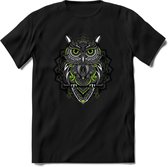 Uil - Dieren Mandala T-Shirt | Groen | Grappig Verjaardag Zentangle Dierenkop Cadeau Shirt | Dames - Heren - Unisex | Wildlife Tshirt Kleding Kado | - Zwart - 3XL