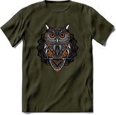 Uil - Dieren Mandala T-Shirt | Oranje | Grappig Verjaardag Zentangle Dierenkop Cadeau Shirt | Dames - Heren - Unisex | Wildlife Tshirt Kleding Kado | - Leger Groen - XXL