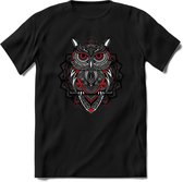 Uil - Dieren Mandala T-Shirt | Rood | Grappig Verjaardag Zentangle Dierenkop Cadeau Shirt | Dames - Heren - Unisex | Wildlife Tshirt Kleding Kado | - Zwart - XXL