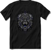 Leeuw - Dieren Mandala T-Shirt | Donkerblauw | Grappig Verjaardag Zentangle Dierenkop Cadeau Shirt | Dames - Heren - Unisex | Wildlife Tshirt Kleding Kado | - Zwart - XL