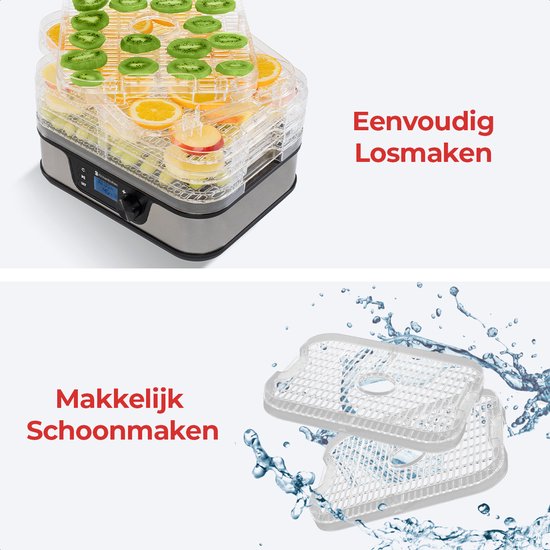 KitchenBrothers Voedseldroger - Elektrisch 380W - 5 Laags - 9 Hitte-niveaus - 35°C tot 75°C - LCD Display - Timer - RVS/Zwart - KitchenBrothers