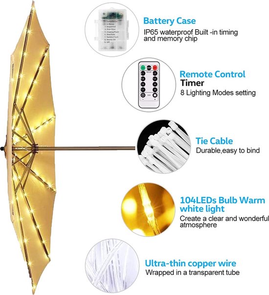 Spurleh 104 LEDs Parasol Lights with Remote Control, 8 Modes Battery