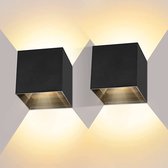 2 stuks LED wandlamp zwart, 12W muurlampen binnen 3000k warm licht, IP65 waterdichte buitenwandlamp met instelbare stralingshoek, up down aluminium wandverlichting, 1000lm muur lic