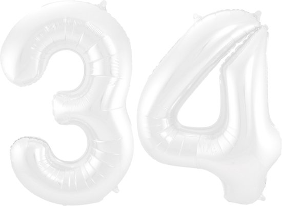 Folieballon 34 jaar metallic wit 86cm
